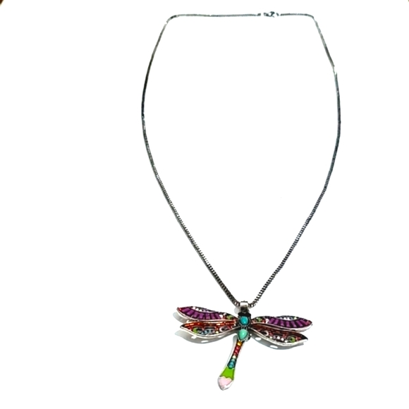 Jewelry - VINTAGE MULTICOLORED DRAGONFLY PENDANT SILVER-TONE 33" NECKLACE